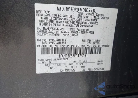 2015 Ford Taurus Sel z USA, uszkodzony, nr VIN 1FAHP2E83FG175051